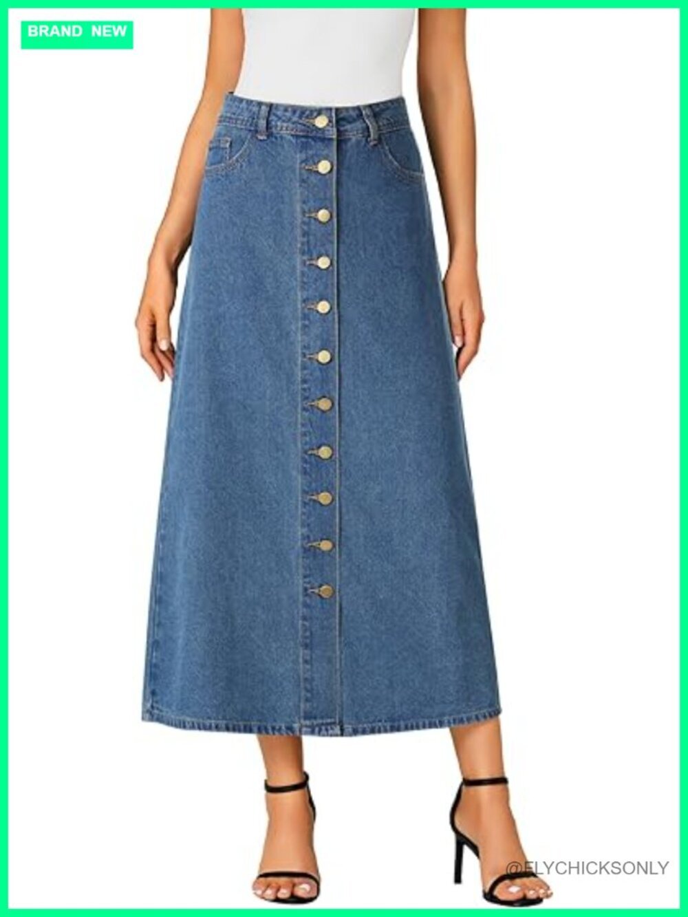 Button Down High Waisted A Line Midi Long Denim Skirt with Pockets